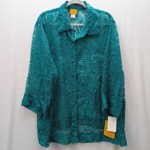 NWT Ruby Rd. Beautiful Teal Textured Burnout Blouse Sz 22W Lightweight